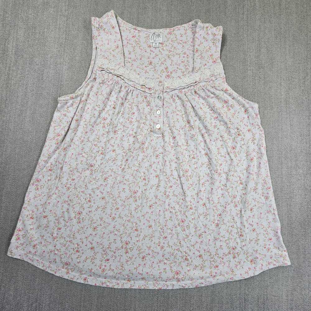 Aria Womens Pajama Top Floral Sleeveless White Pink Size Medium